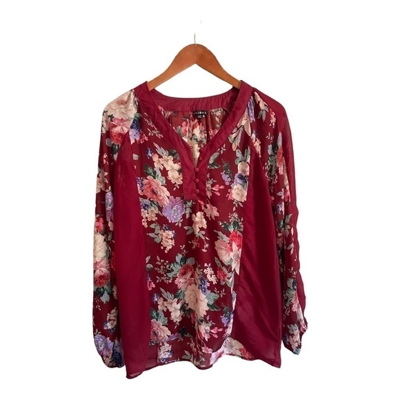 𝅺CHLOAH Sheer Long Sleeve Flowy Boho Top Burgundy and Floral Detail Size Small - Picture 1 of 6